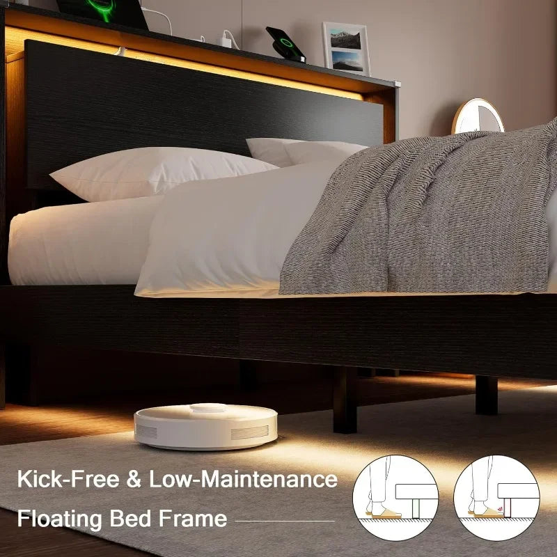 Einhomn King Size Bed Frame with LED Lights & Charging Station – Wood Floating Bed Frame with Storage Headboard, Adhesive Slats