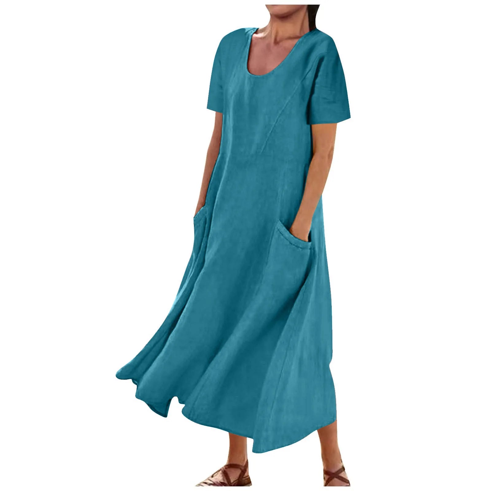 Women Solid Cotton Linen Round Neck Short Sleeve Loose Flowy Maxi Dress EU US Gown