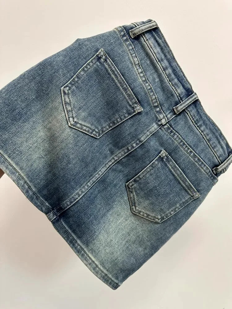 Plus Size Retro Denim Mini Skirt Summer New American Style Hot Girl High Waist Anti-Light Slim A- Line Wrap around Short Skirt