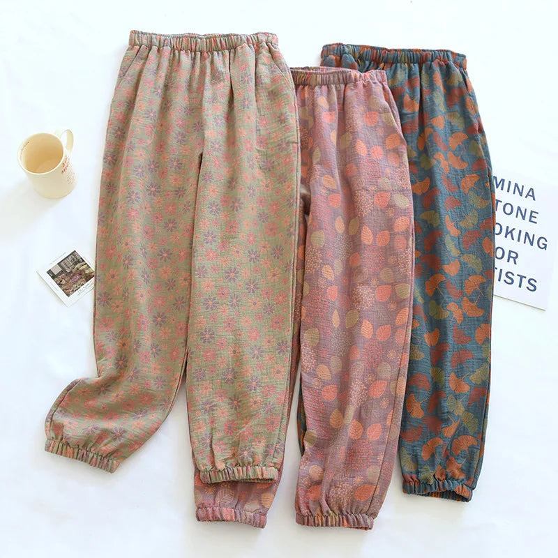 2026 New Spring Summer Women's Pajamas 100% Cotton Crepe Pants Women's Comfortable Loose Large Leaf Home Pants Thin Bottoms