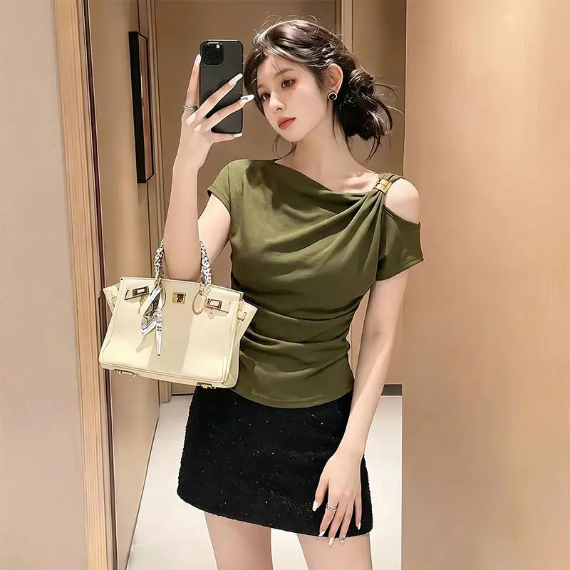 Women's Korean Style Slim Fit T-Shirt Short Sleeve Pleated Top