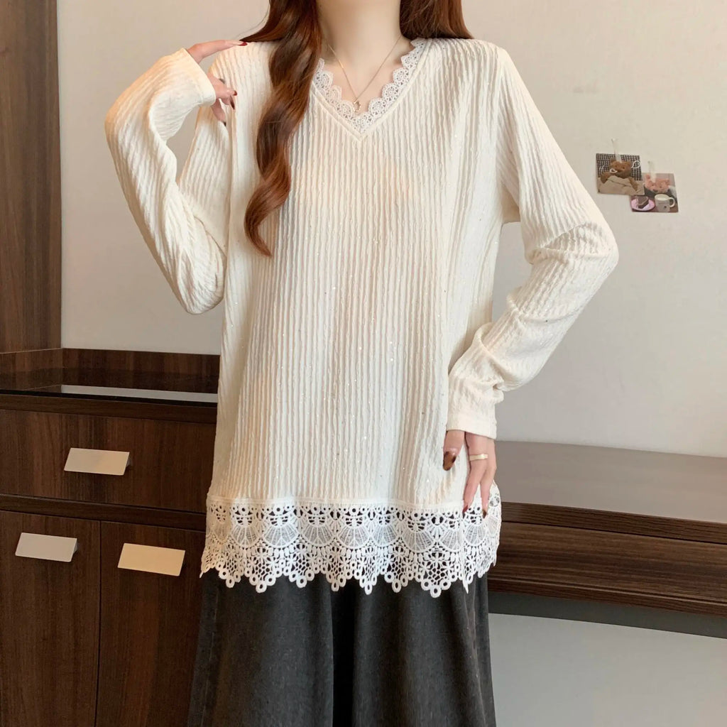 Lace Splicing Long Sleeve T-shirt Female Loose Slimming V-Neck Top