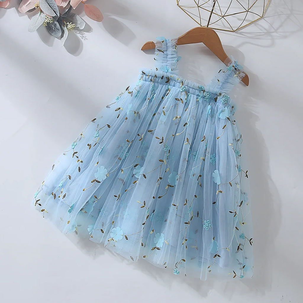 Toddler Baby Girl Princess Embroidery Strap Tutu Dress Sleeveless Flower Kid Mesh Vestido Party Birthday Baby Girl Beach Clothes