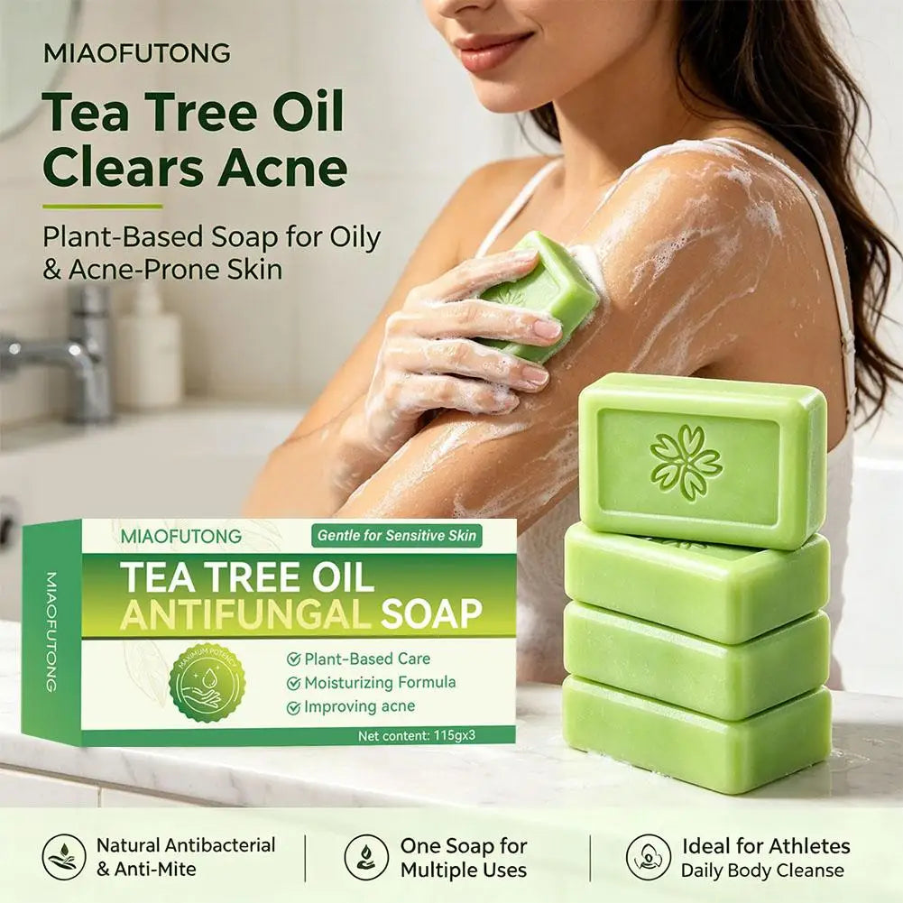 3PCS Tea Tree Oil Soap Acne Clearing Bar Natural Plant Deep Cleansing Bar Body Face Wash For Oily Acne-Prone Sensitive Skin Care