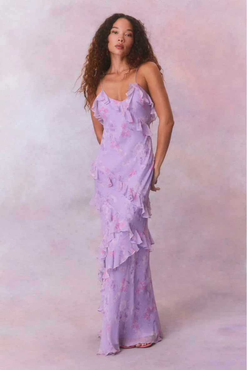 Lotus Leaf Edge French Floral Backless Dress Slim Fit Chiffon Solid Color Holiday Party Birthday Party Long Dress