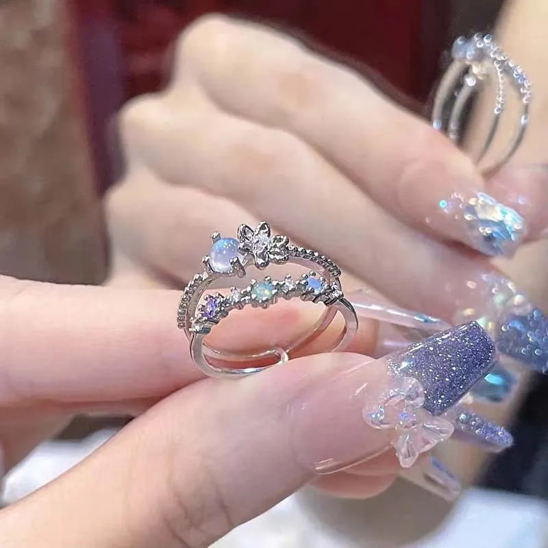 Fashion Blue Opal Heart Rings for Women Kpop Punk Gothic Open Flower Rhinestone Finger Rings Wedding Party Trendy  Jewelry