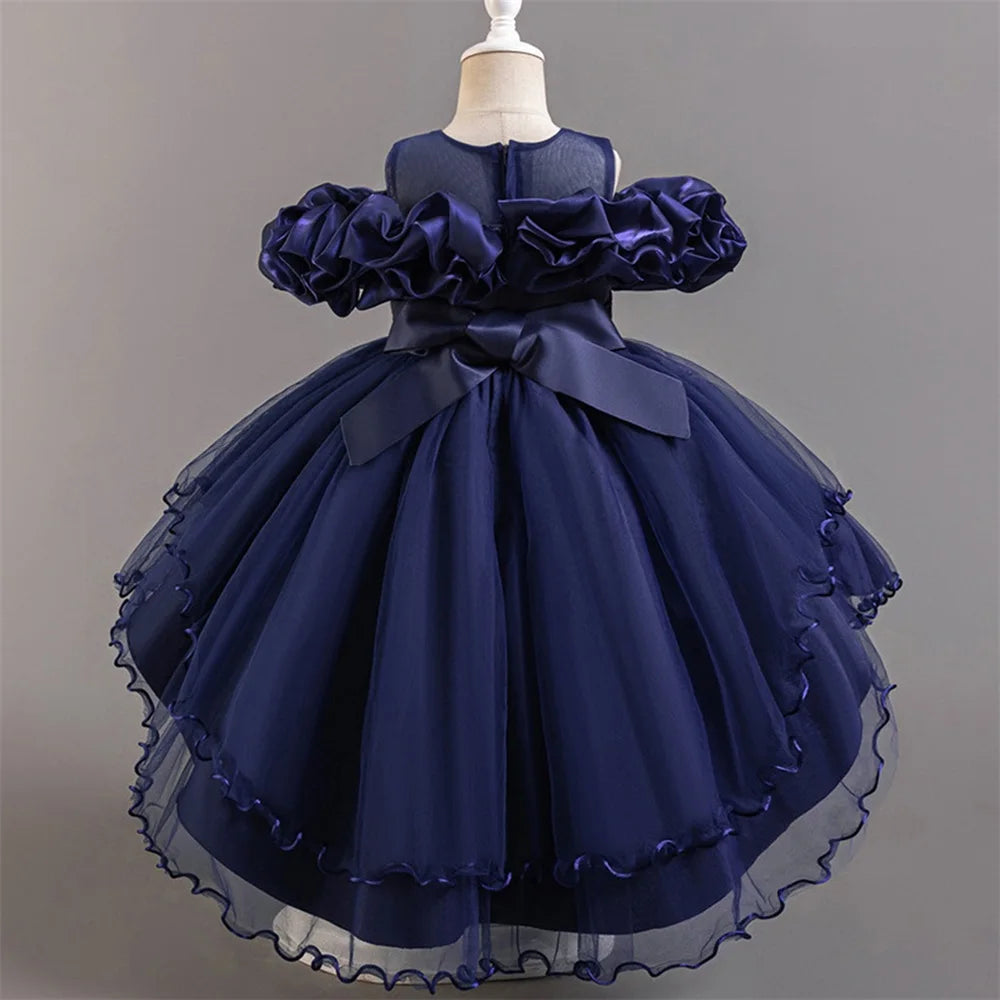 Fashion Pink Flower Girl Party Dresses Wedding Birthday Tulle Princess Dress for Kids Graduation Pageant Bridesmaid Kids Costume