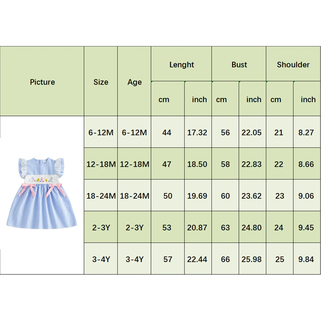 0-4Y Toddler Baby Girl Easter Dress Flying Sleeve Crew Neck Rabbit Chick Embroidery A Line Plaid Print Dress