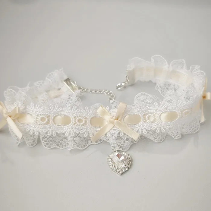 30Cm Lace Bow Necklace Sweet Love Heart Gem Charm Lolita Girls Necklace Cosplay Collar Chains Dancing Jewelry For Wedding