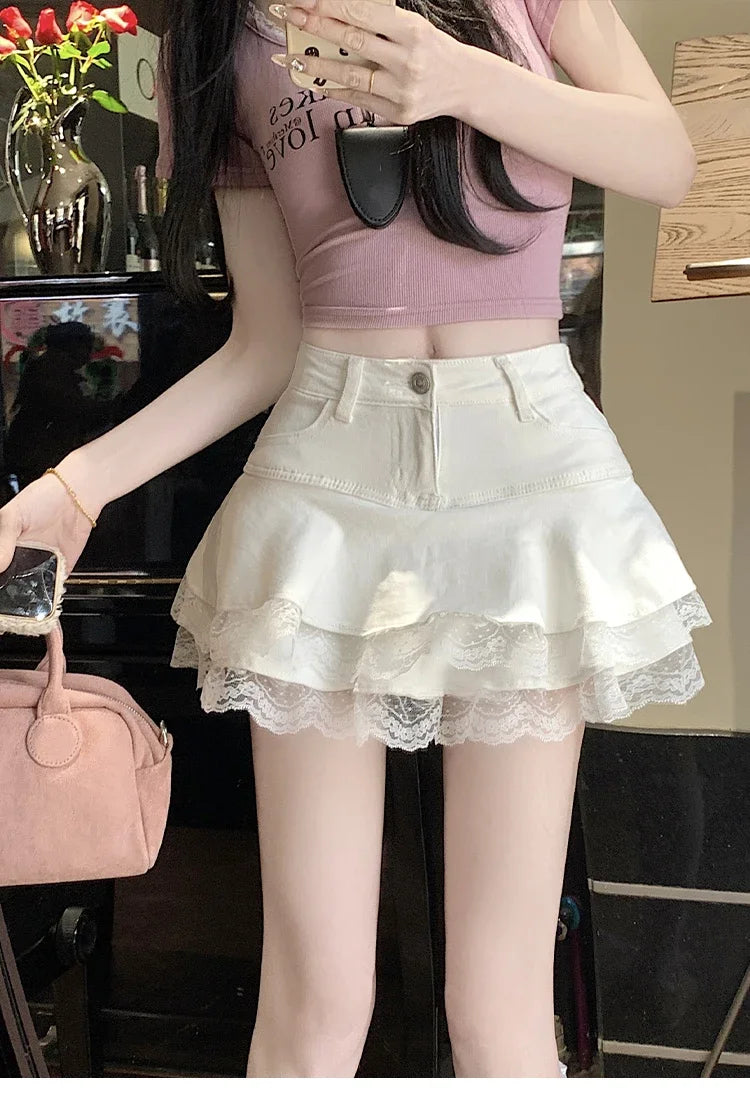 Summer Denim Skirt Women Fashion Streetwear Ruffles Kawaii Lace Skirts Shorts Preppy Mini Y2K School Pleated Jeans Skirt 2026