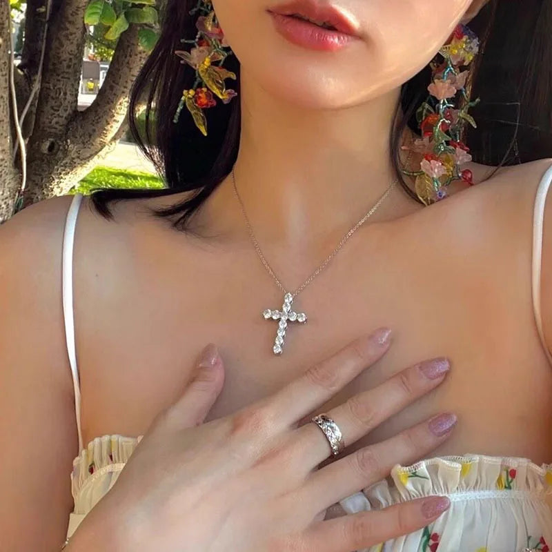 Luxury Shiny 925 Sterling Silver Inlaid Full Zircon Cross Pendant Necklace For Women'S Man Exquisite Jewelry Accessories Colorfast