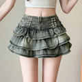 American Style Spicy Girl Design Elastic Denim Cake Short Skirt Women's Summer Pure Desire High Waist Slimming Pleated  S...