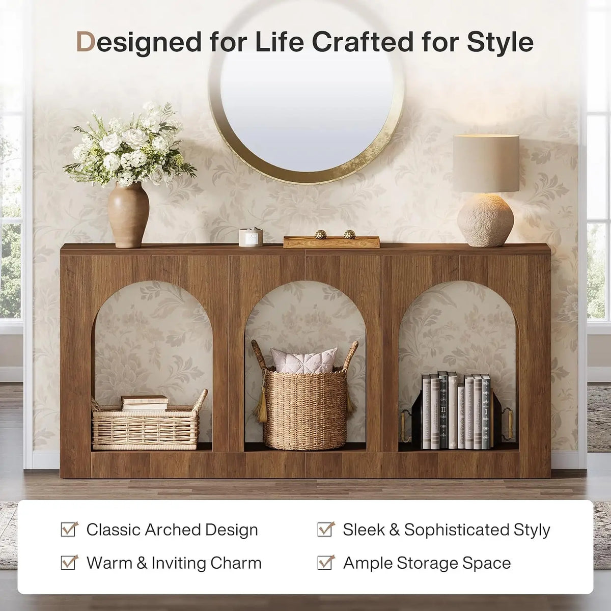 70.9" Console Table with 3 Arched Shelves, Wood Entryway Storage for Foyer Hallway Living Room, Narrow Long Brown, Customized