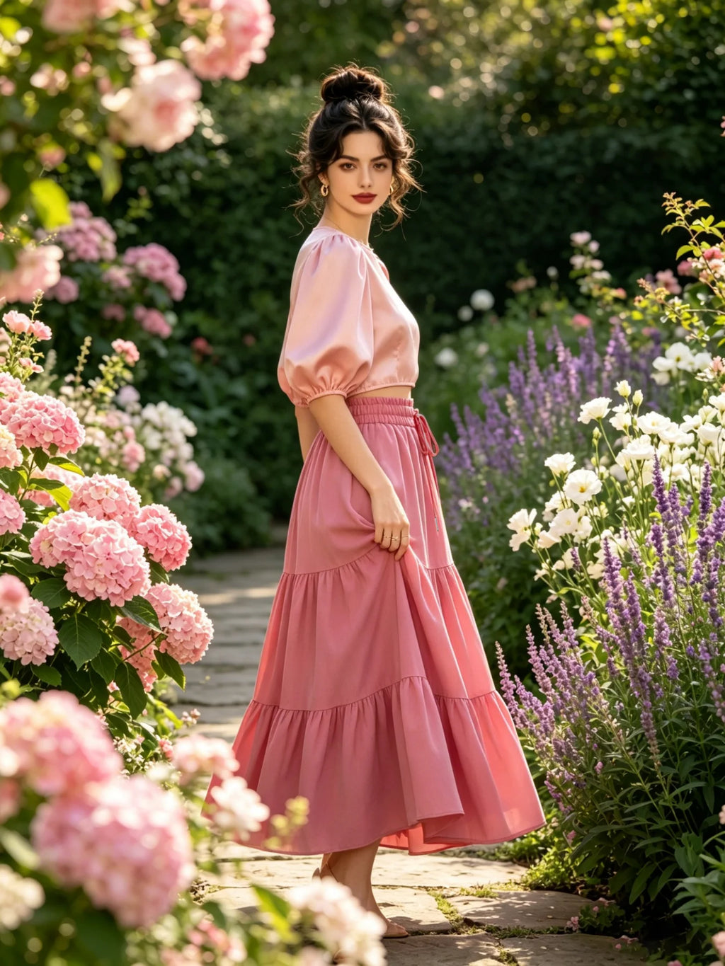 High-Waisted Drawstring A-Line Midi Skirt