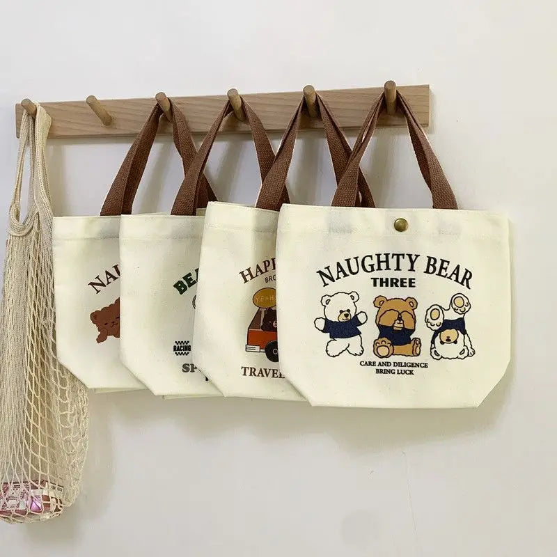 Bear Shape Canvas Tote Bag For Women Cute Mini Handheld Lunch Bag Student School Bag Gift Bag