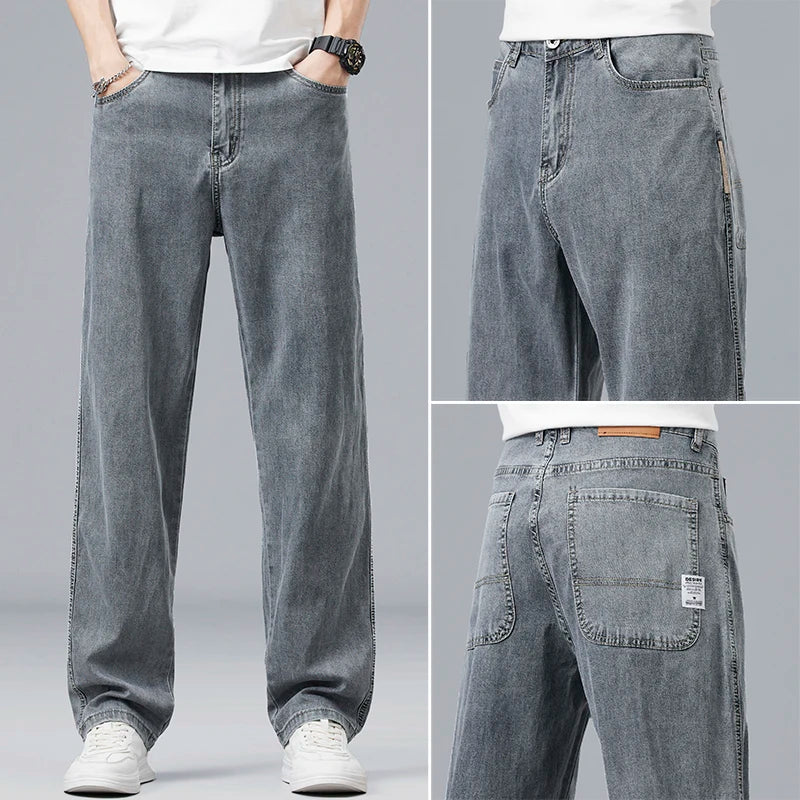 Summer Ultra-Thin Lyocell Men'S Jeans Drape Soft Fabric Loose Straight Casual Denim Pants Elastic Ice Silk Male Trousers