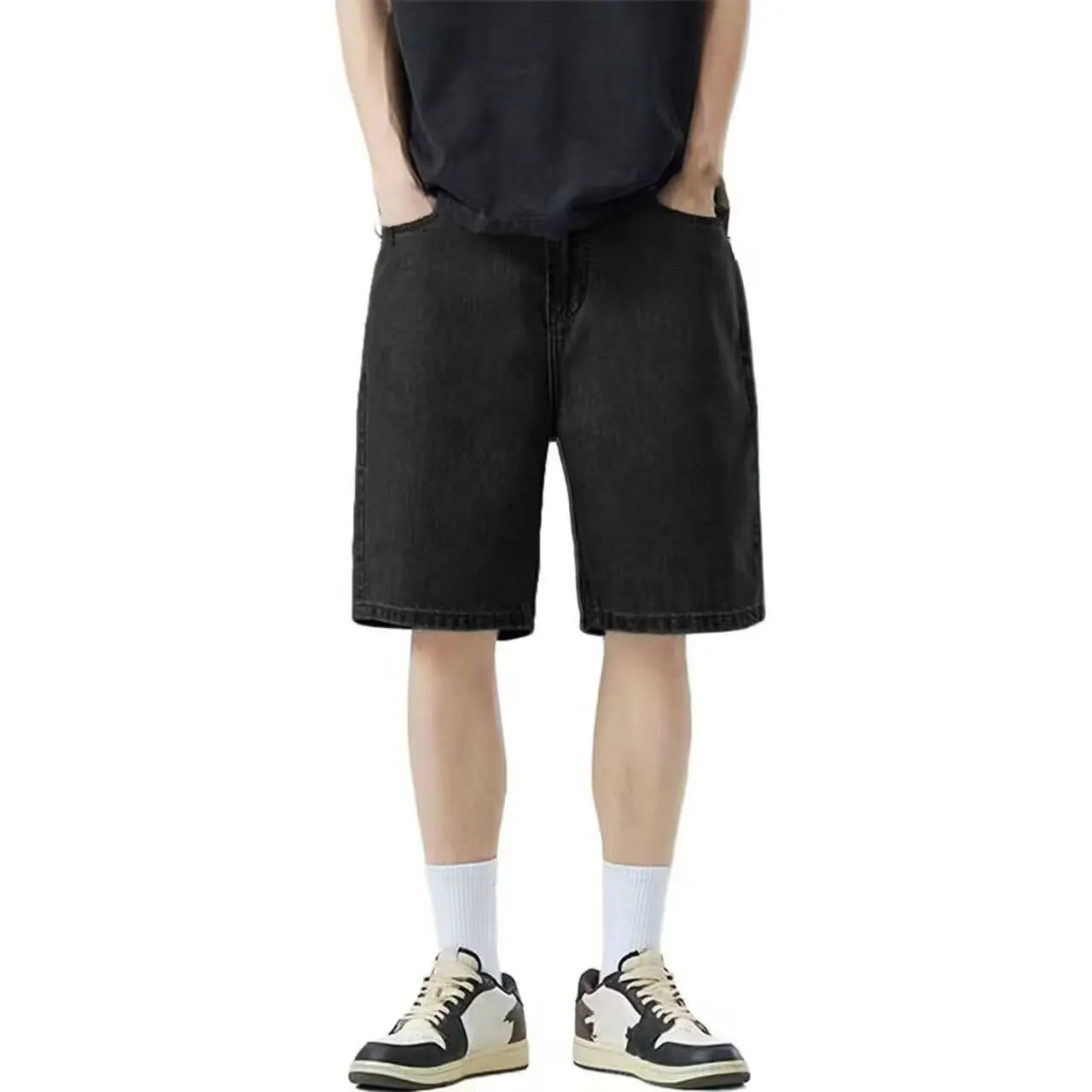 Light colored denim shorts summer slim fit new loose straight leg mid length pants high waist slimming five quarter pants
