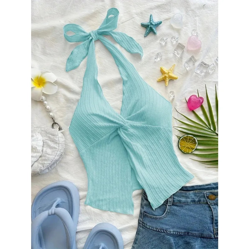 Women Summer Y2K Sexy V-neck Halter Neck Crop Top Sleeveless Solid Split Backless Tops Women's Clothing Streetwear 2026 New