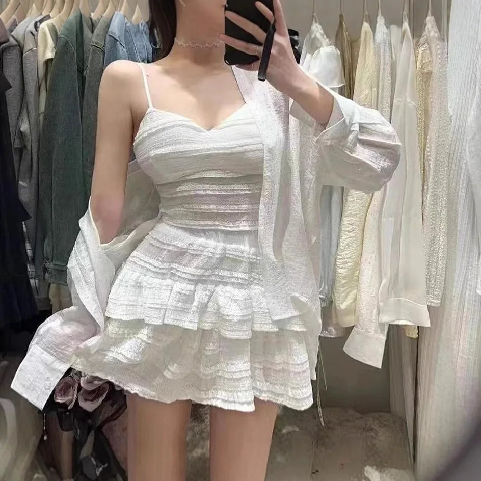 Ballet Style Puffy Short Skirt Women Summer Lace Crop Top Design Sensation Half Skirt Pure Desire Sweet And Spicy Set