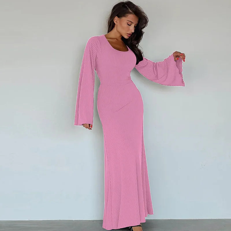 Women's Flare Sleeve Maxi Dress – Slim Fit Lace-Up Floor-Length Gown