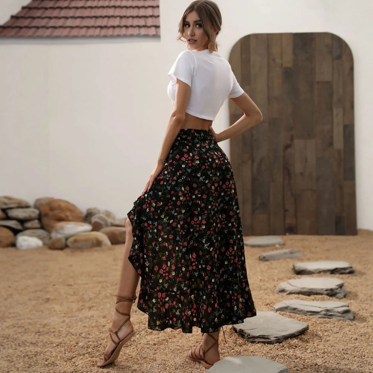 Ladies Floral High Waist Asymmetrical Hem Mid-Length Split Skirt Casual Holiday Fashion Spring Summer Polyester Fabric Elegan...