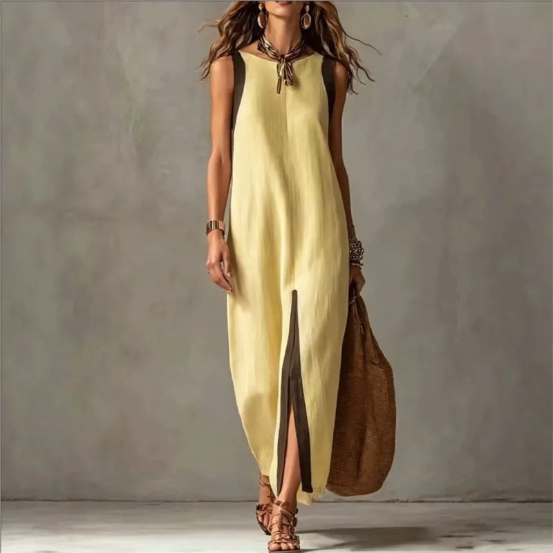 Boho Asymmetrical Hem Maxi Dress Front Slit Contrast Trim Summer New Woman Dresses Casual Sleeveless Round Neck Loose Dresses