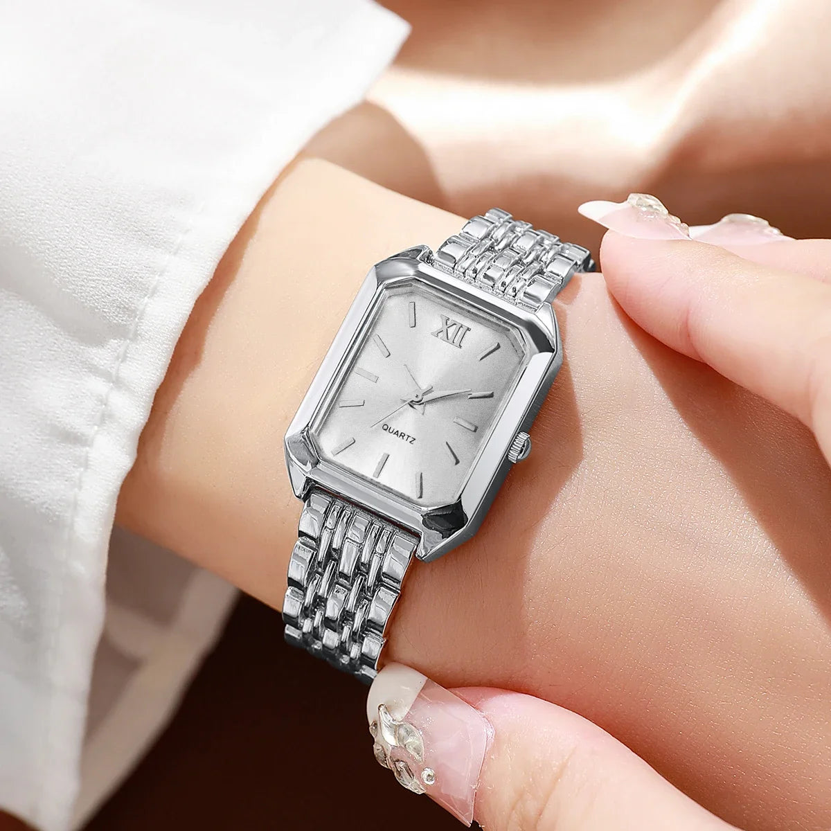 2PCS/Set Fashion Rectangle Women Quartz Watch Ladies Roma Dial Wristwatches Rhinestone Bracelet Set Reloj Mujer Girls Clock Gift