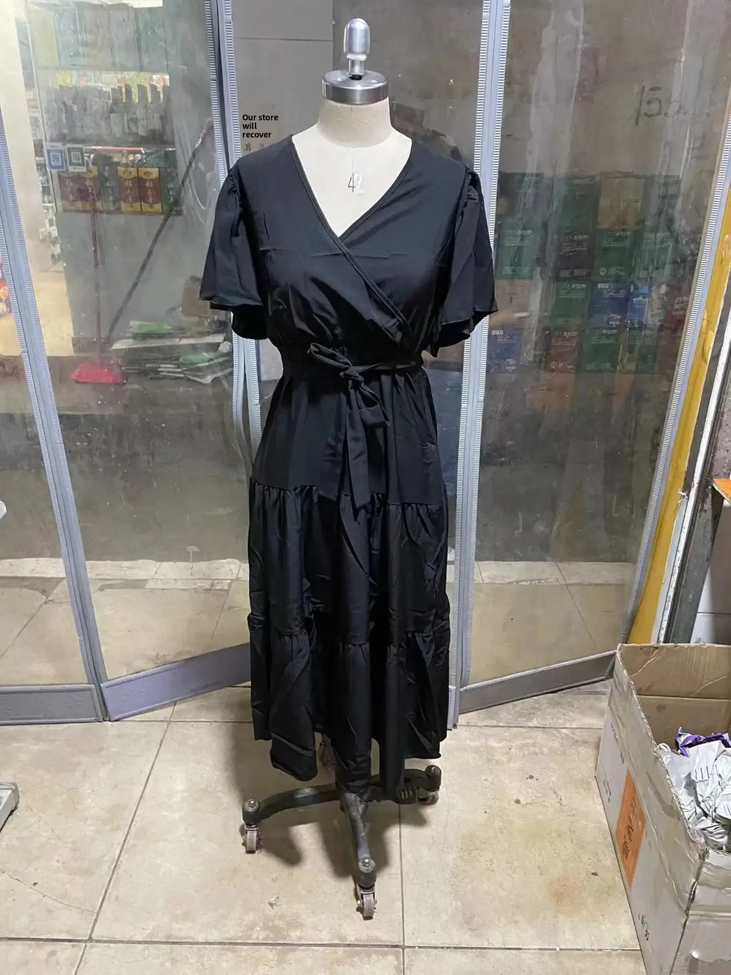 Summer Bohemian Long Dress Pure Color V-Neck Short Sleeve Empire Waist Design Floor Length with Belt Loose Fit Women's Dress