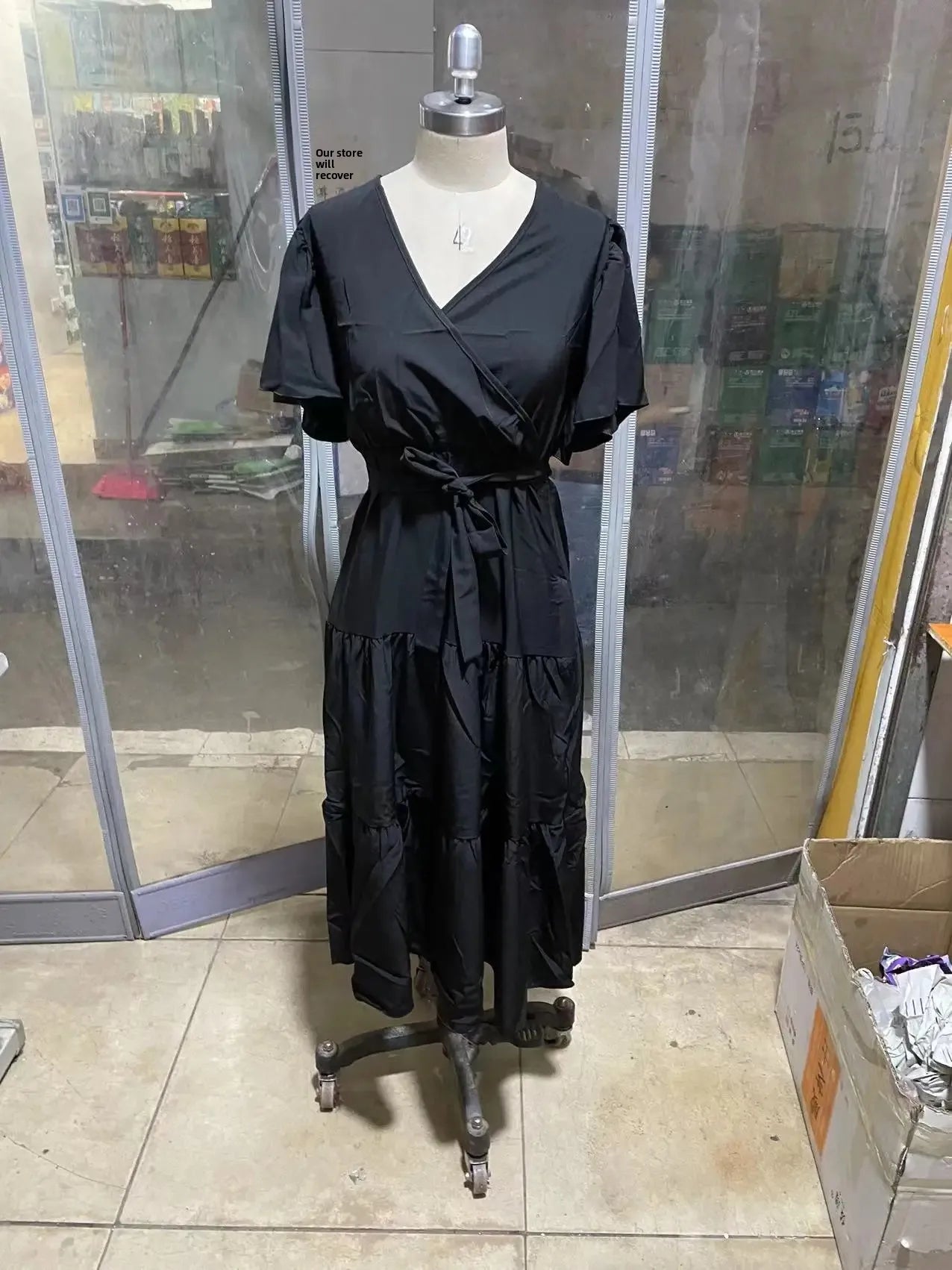 Summer Bohemian Long Dress Pure Color V-Neck Short Sleeve Empire Waist Design Floor Length with Belt Loose Fit Women's Dress