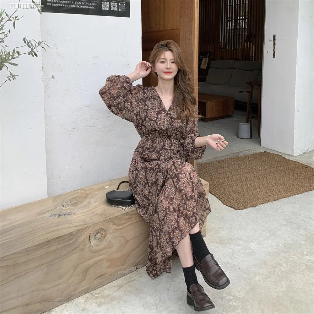 Chic Korean Clothes Design 2022 Autumn Spring Womens V Neck Elegant Lady Floral Printed Retro Vintage Long Maxi Dress