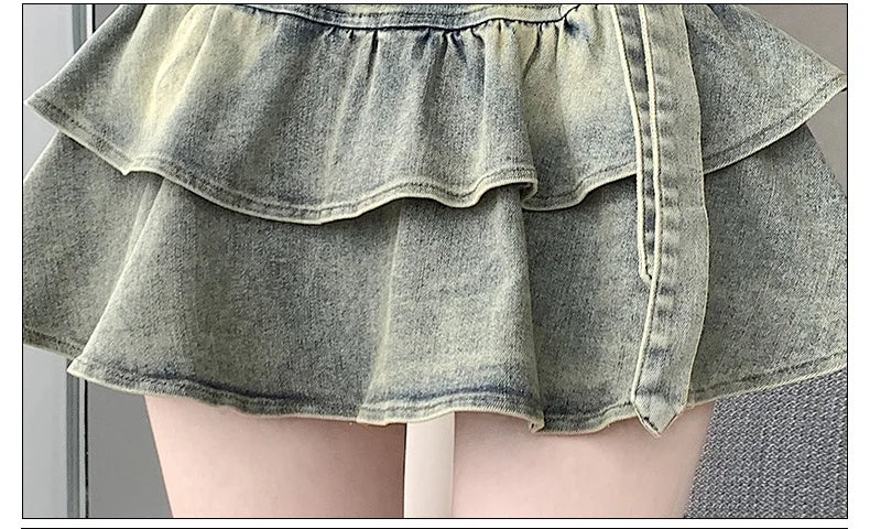 American Pure Desire Spicy Girl Design Elastic Denim Skirt Half-length Pleated Cake Skirt Short Commute High Elasticity