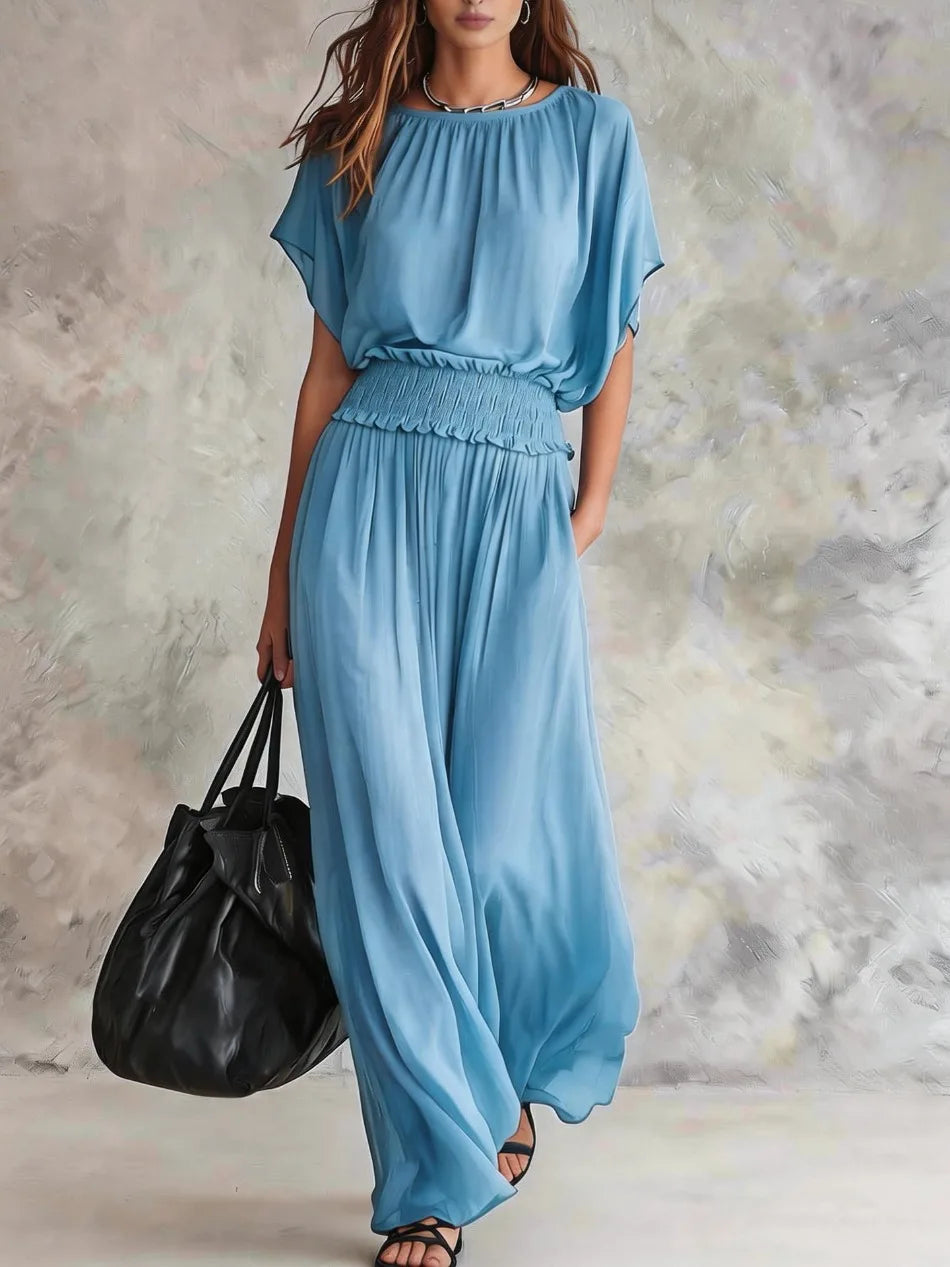 Elegant High-Waisted Loose Dress for Women Summer Fashionable Casual O-Neck Batwing Short Sleeve Waist-Cinching Elegant Women's