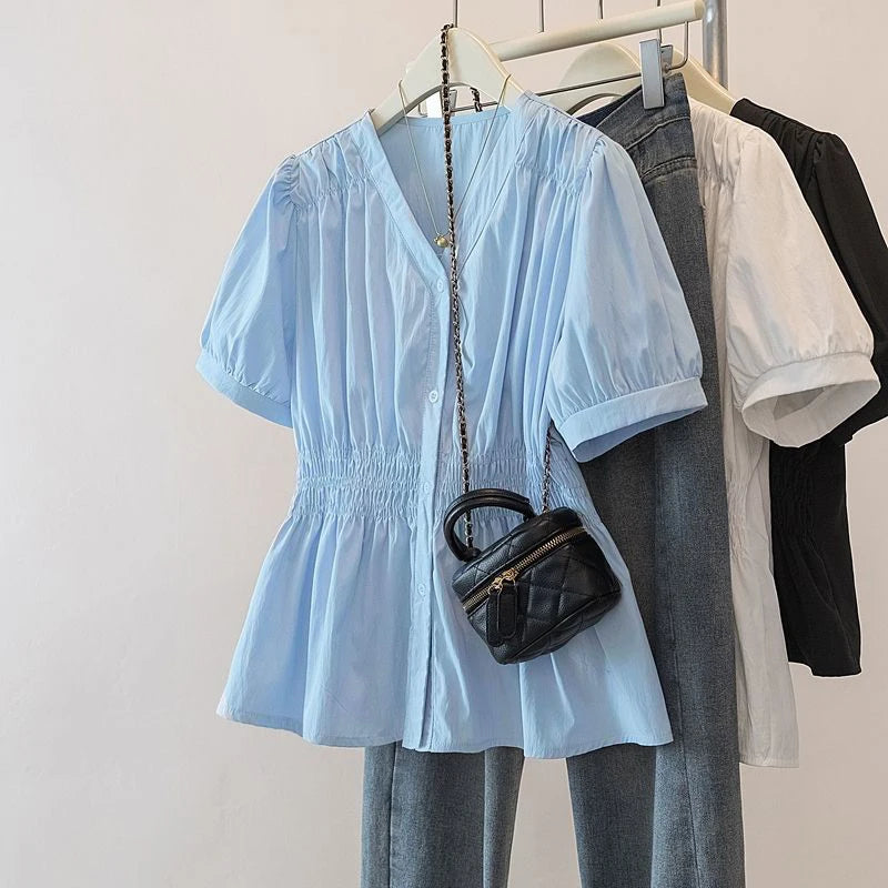 200 Pounds Plus Size Elastic Waist Office Lady Trend Shirt And Blouse Solid Color Top Women Clothing V-neck French Chic Basics