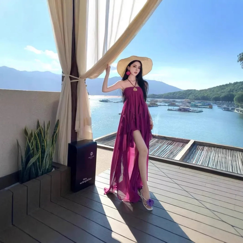 Purple Beach Vacation Photography Dress Women's Sleeveless Gown Luxury Design Sensation Halter Neck Chiffon Long Skirt