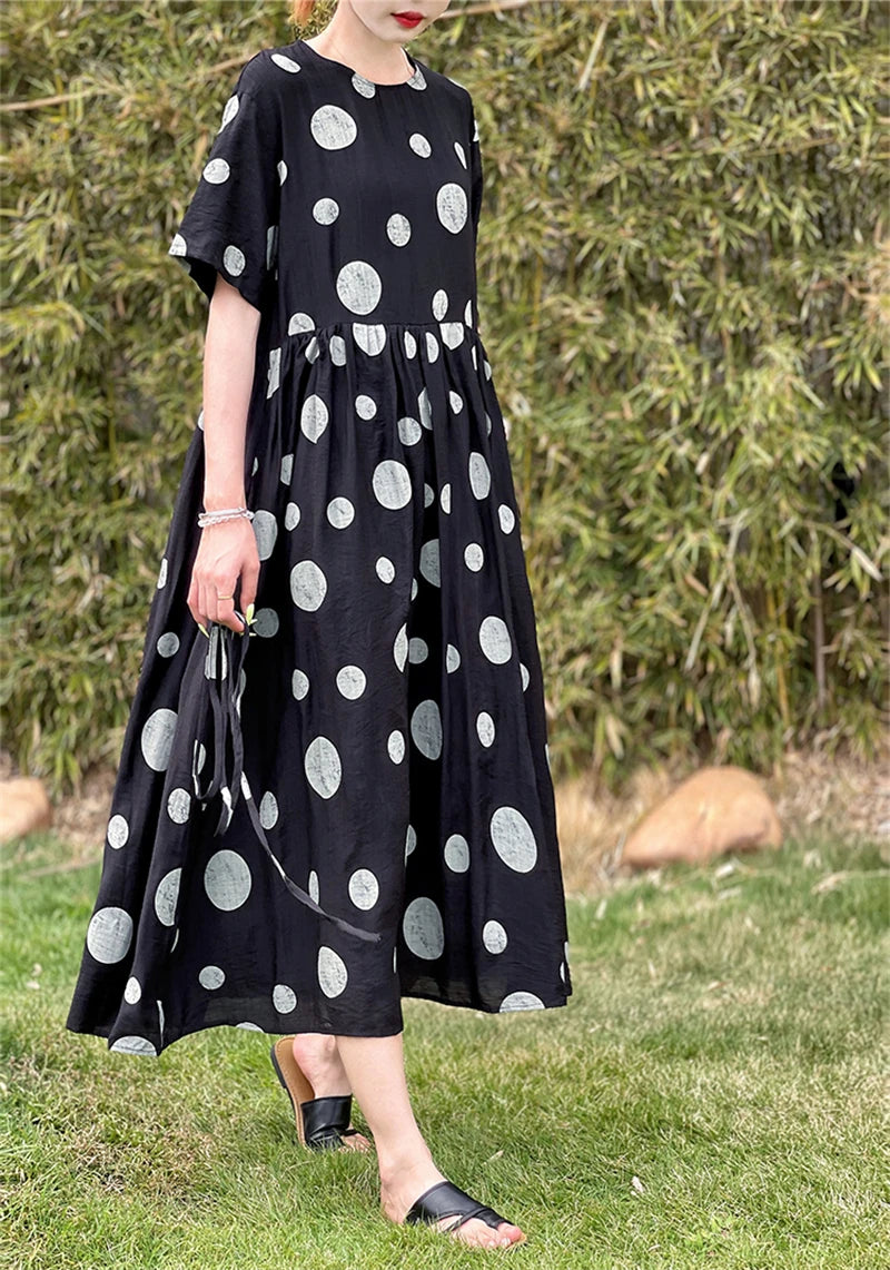 Summer Cotton Vintage Casual Loose Black Dresses For Women Short Sleeve Polka Dot Dress Femme Robe Vestidos Elegant Long Clothes