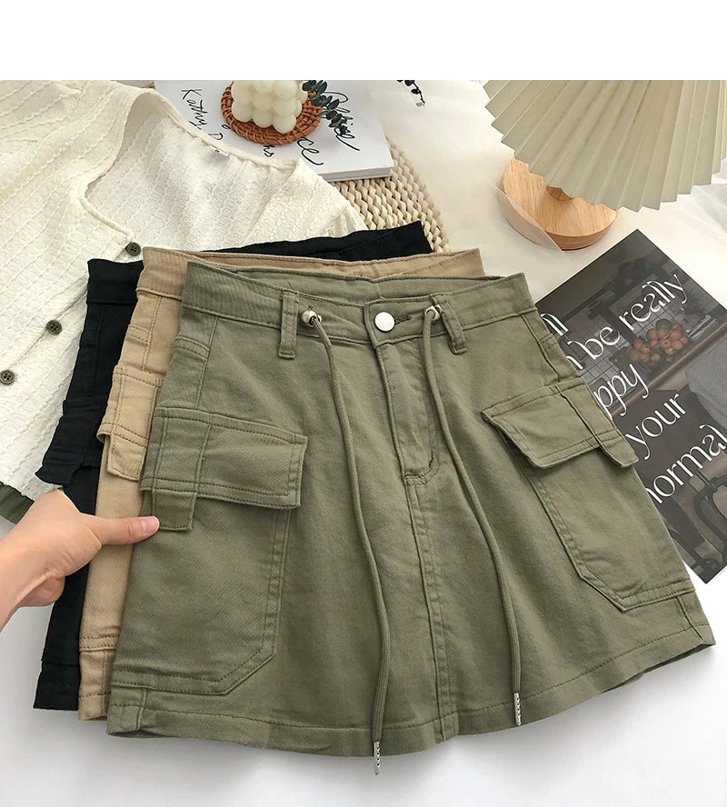 Retro High Waist Denim  Skirt Women's Spring Summer Autumn Casual Drawstring Anti-Light Short Skirt Polyester Fiber