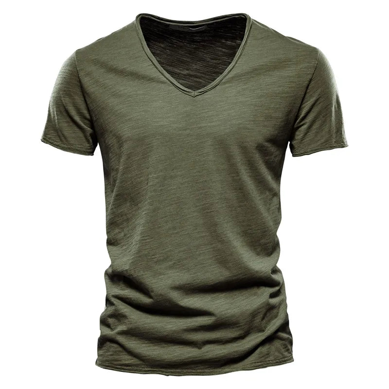 Aiopeson 100% Algodón Hombre Cuello V Camiseta Ajustada de Confort Premium Casual