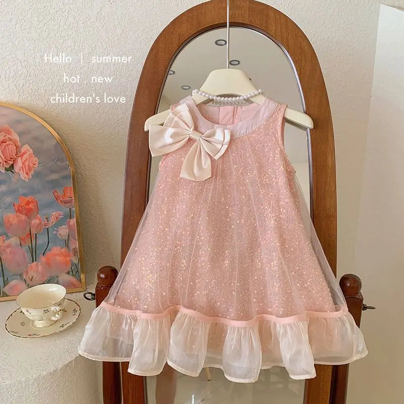 Girls Mesh Party Dress – Sleeveless Bow Detail Gown with Soft Cotton Lining, Special Occasion Outfit Toddler Girl Clothes