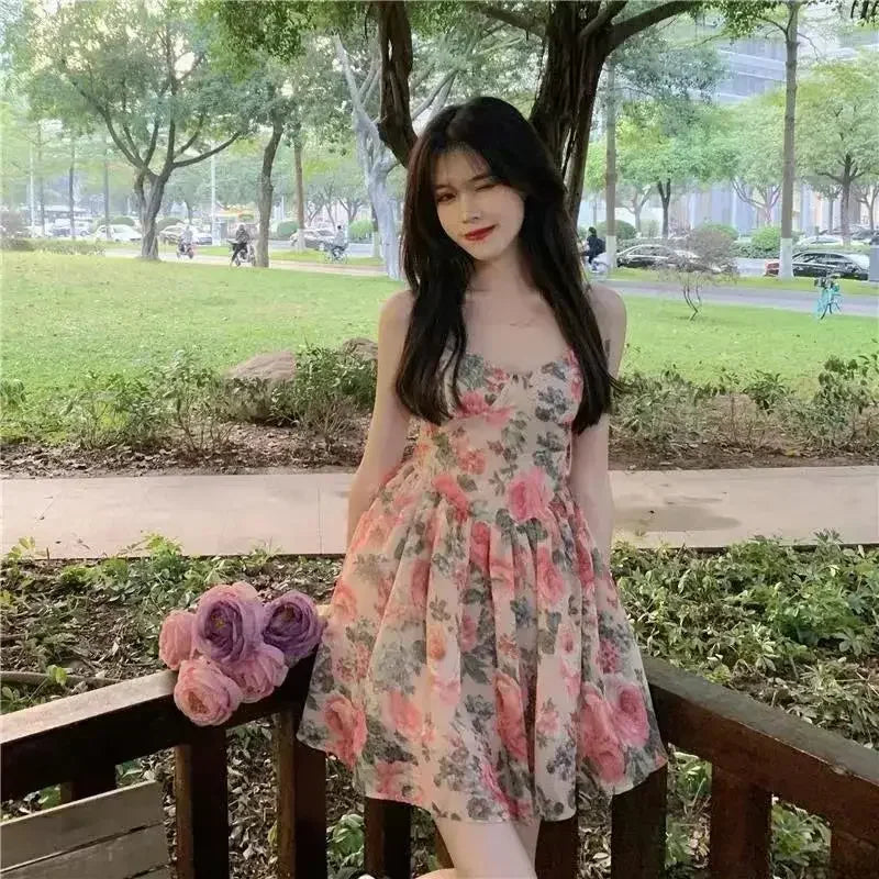 Nice Elegant High-waisted Slimming Floral Tank Dress For Women Spring Summer French Style Petite Mini Dress A- Line Sleeveless
