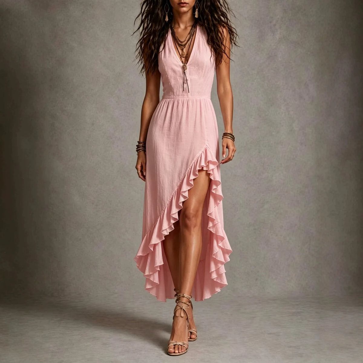 Casual V-Neck Sleeveless Long Midi Dress Polyester Fabric Independent Station Women's Fashion Pleated High Waist Travel Style