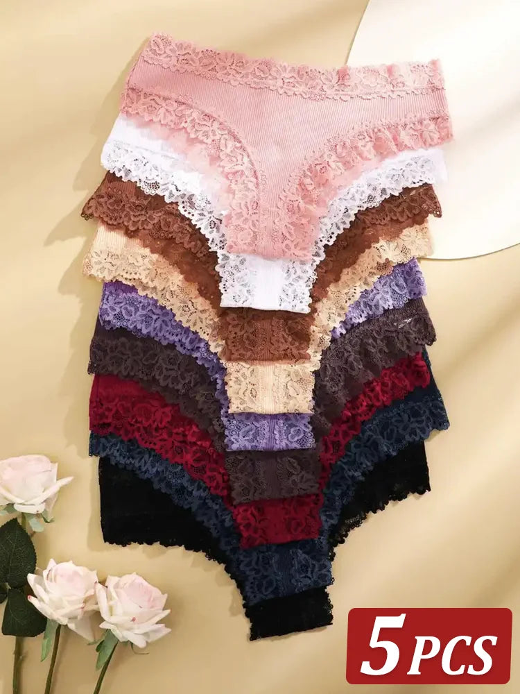 5Pcs/Set Women'S Cotton Panties Floral Lace Intimate Underwear Trendy Patchwork Lace Briefs Female Soft Underpants Lingerie S-Xl