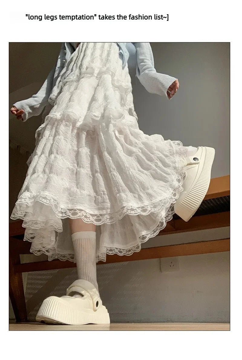 Sweet Lace Ruffles Long Skirt Women Summer Cute Puff Cake A Line Skirt Woman Korean Style High Waist White Chiffon Tulle Skirt