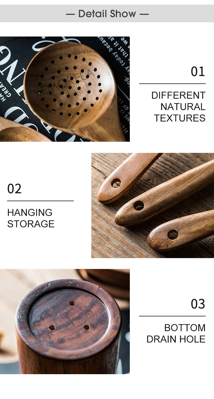 Cucharas de madera para cocinar de 9 piezas, utensilios de madera para cocinar con soporte para utensilios, juego de utensilios de cocina de madera de teca