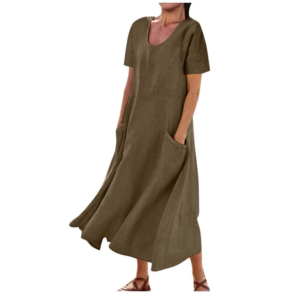 Women Solid Cotton Linen Round Neck Short Sleeve Loose Flowy Maxi Dress EU US Gown