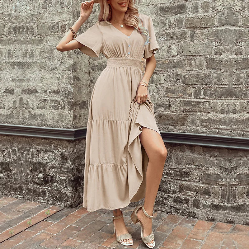 Waist Waist Skirt Women's New Summer V-neck Mid Length Dress
