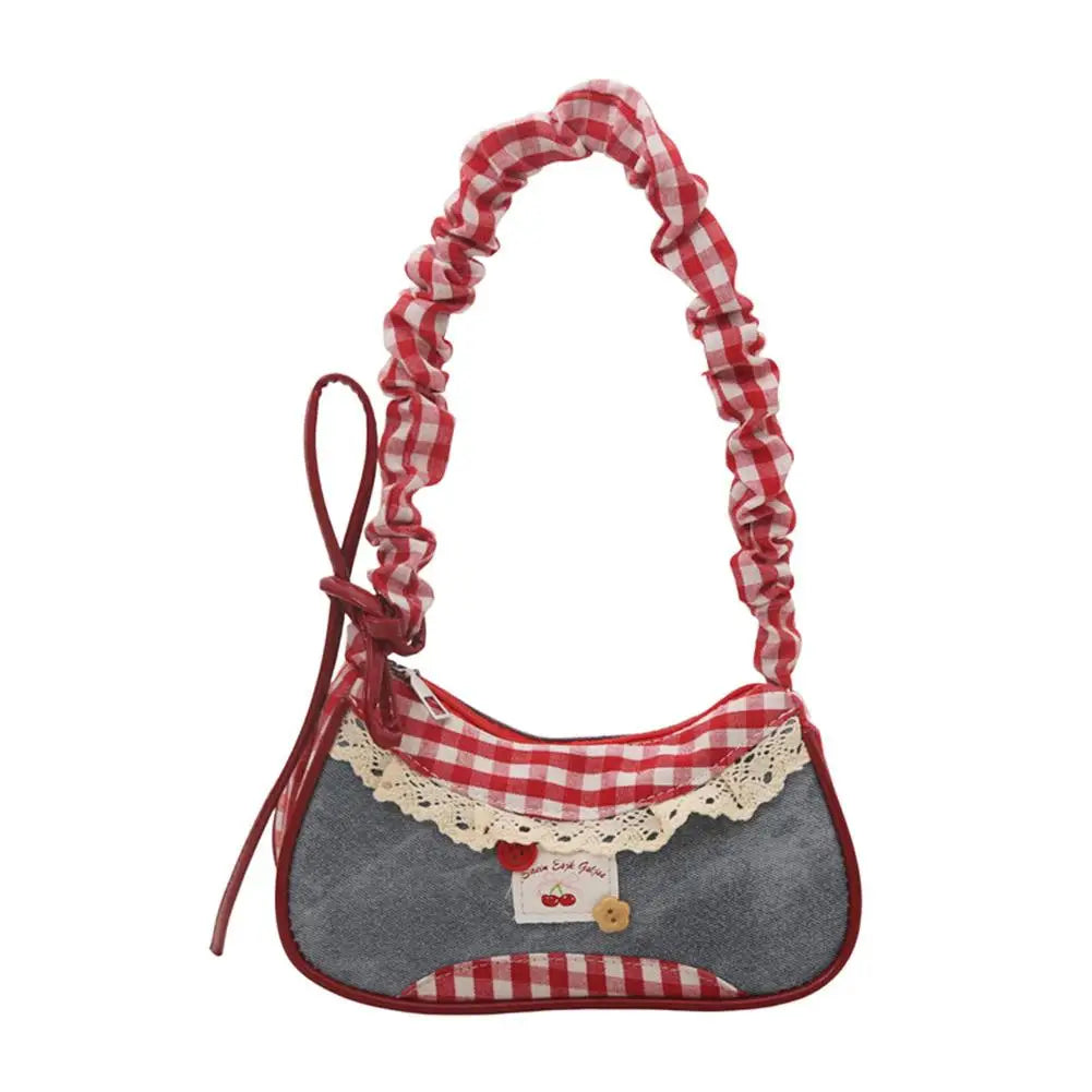 Fashion Grid Women Bag Lace Ribbon Stretchable Shoulder Strap Single Shoulder Underarm Bag Daily Commuting Student Handbag