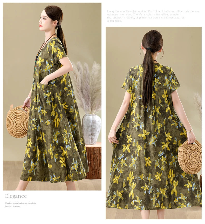 New Fashion Casual Summer Dresses For Women 2026 Loose Plus Size Clothes Elegant printting O-neck Short Sleeve Woman Clothing