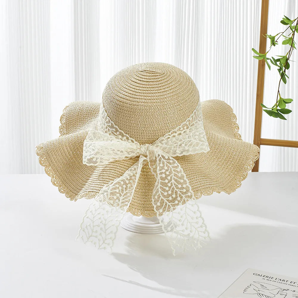 Summer New Children'S Sun Hat Kids Wave Large Brimmed Straw Hat And Bag Sets Girls Sunscreen Beach Hats Baby Hand-Knitted Cap