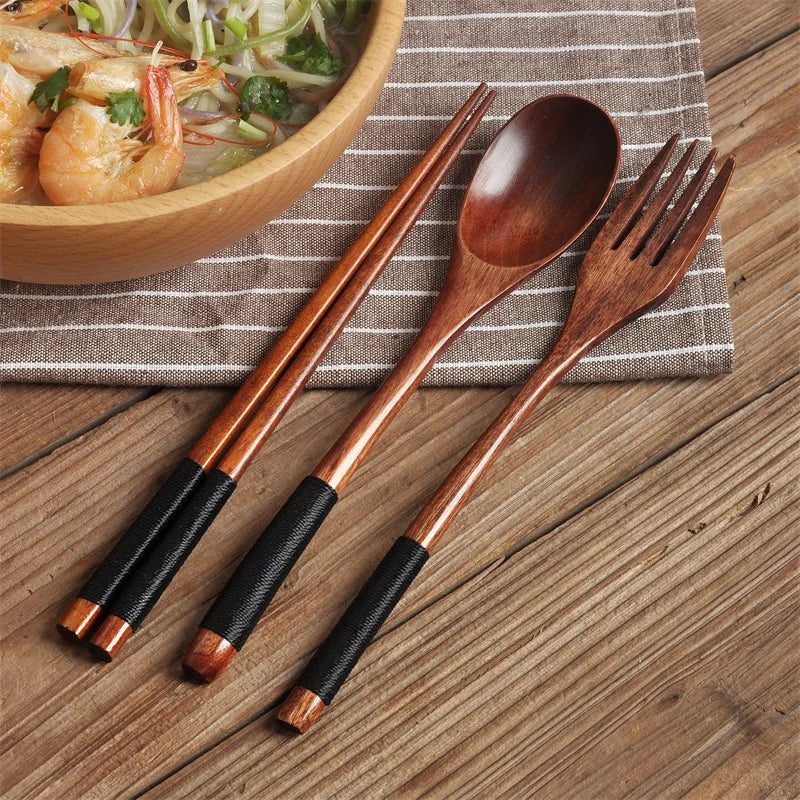 3Pcs Japanese Wooden Reusable Sushi Chopsticks Spoon Cutlery Set Non-slip Travel Dinnerware Suit Tableware Kitchen Tools