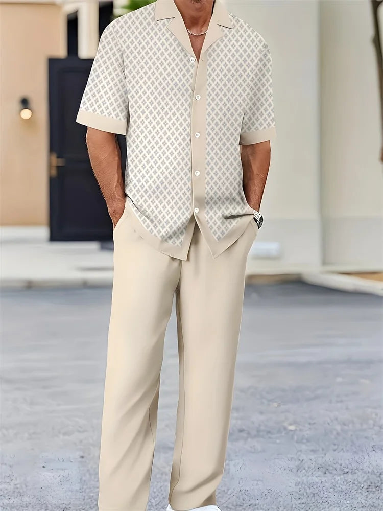 Mens Geometric Color Block Short Sleeve Two Piece Set For Autumn Casual Comfort And Fashion